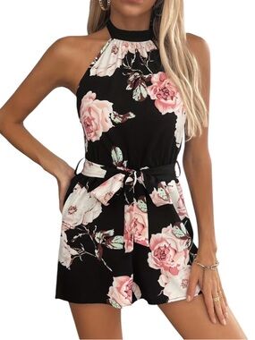 Halter Neck Floral Print Romper - PTP 20 W 16 R 15
